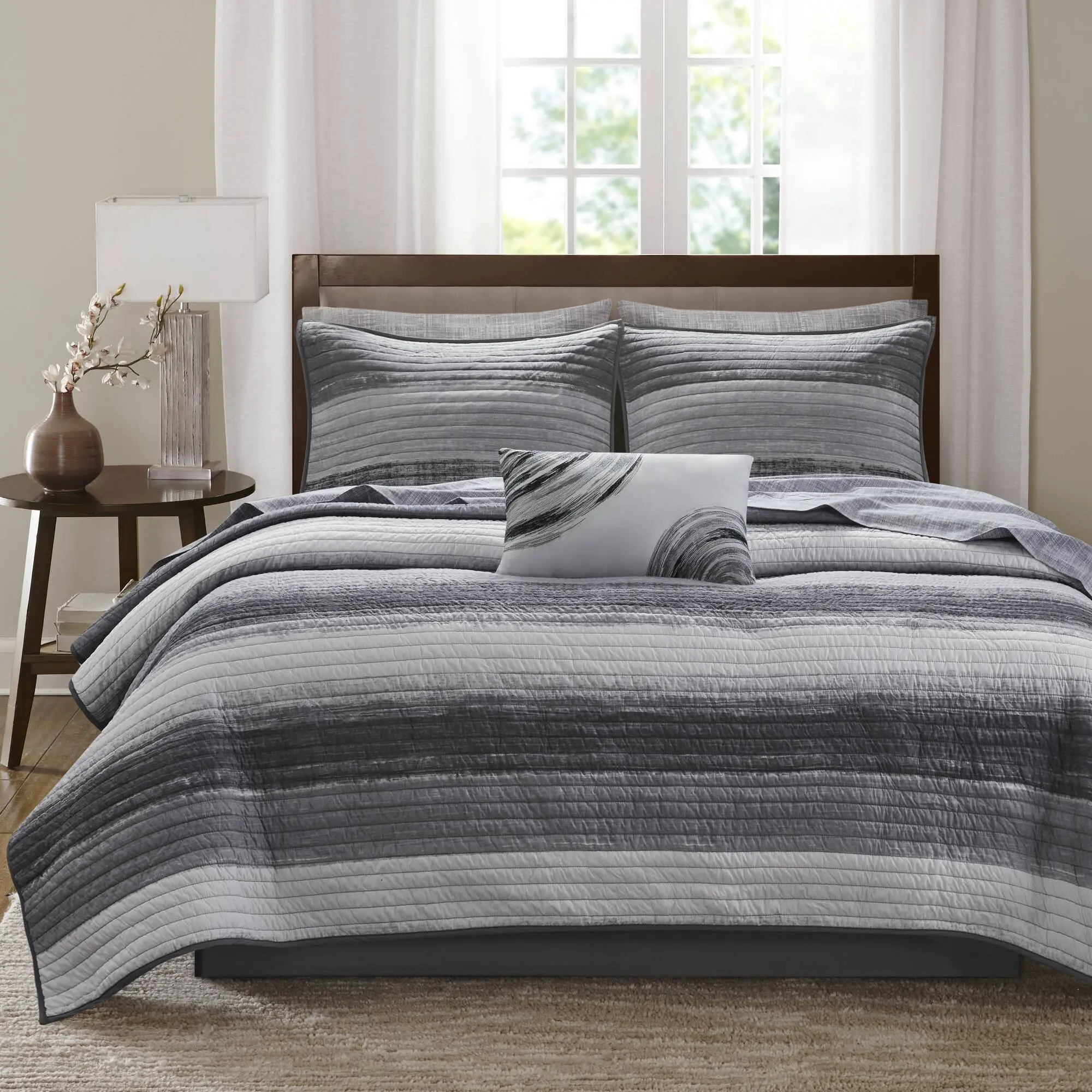 Nokaa 8-Piece Queen Quilt Set with Cotton Bed Sheets, Black Bedding Comforter Set for Bedroom, Soft Breathable All-Season Lightweight Quilted Coverlet with Pillow Shams, Complete Bed in a Bag