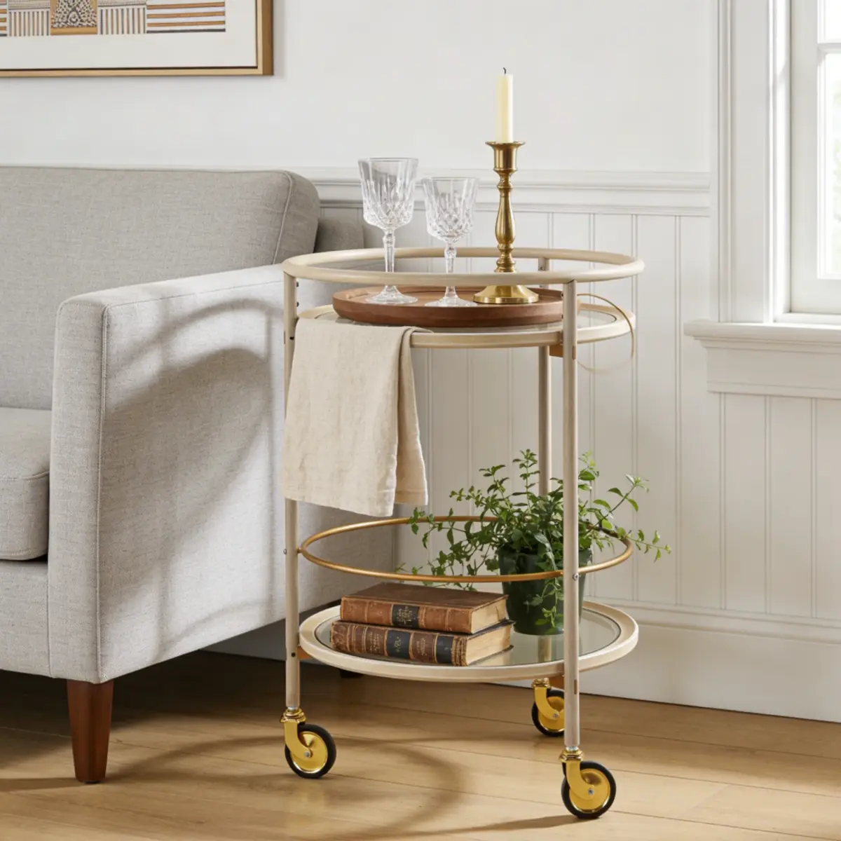 Decorative Round Bar Cart Organizer - Tempered Glass Double Shelves, Elegant Gold Accents, Distressed White Finish, Floor-Standing Countertop Display Rack Utility Cart, Drink Organizer for Room Accessories, Coffee Station, Countertop Utility Carts, Displa