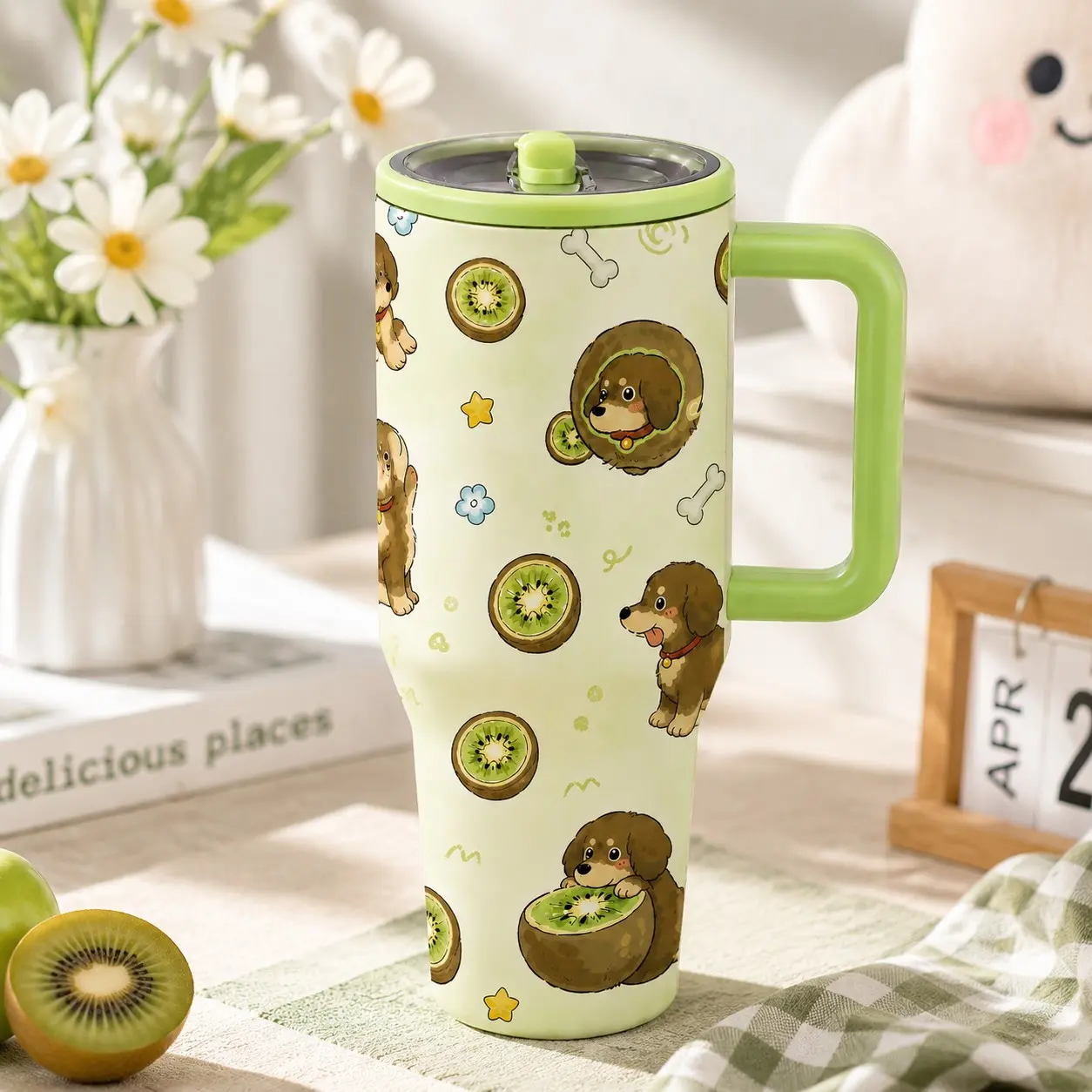 1PC 40oz Stainless Steel Insulated Cup with Cute Dachshund and Kiwi Animal Illustrations, Portable Travel Mug with Handle and Straw for Girls Students Office and Outdoor Use, Perfect Dog Lover Gift