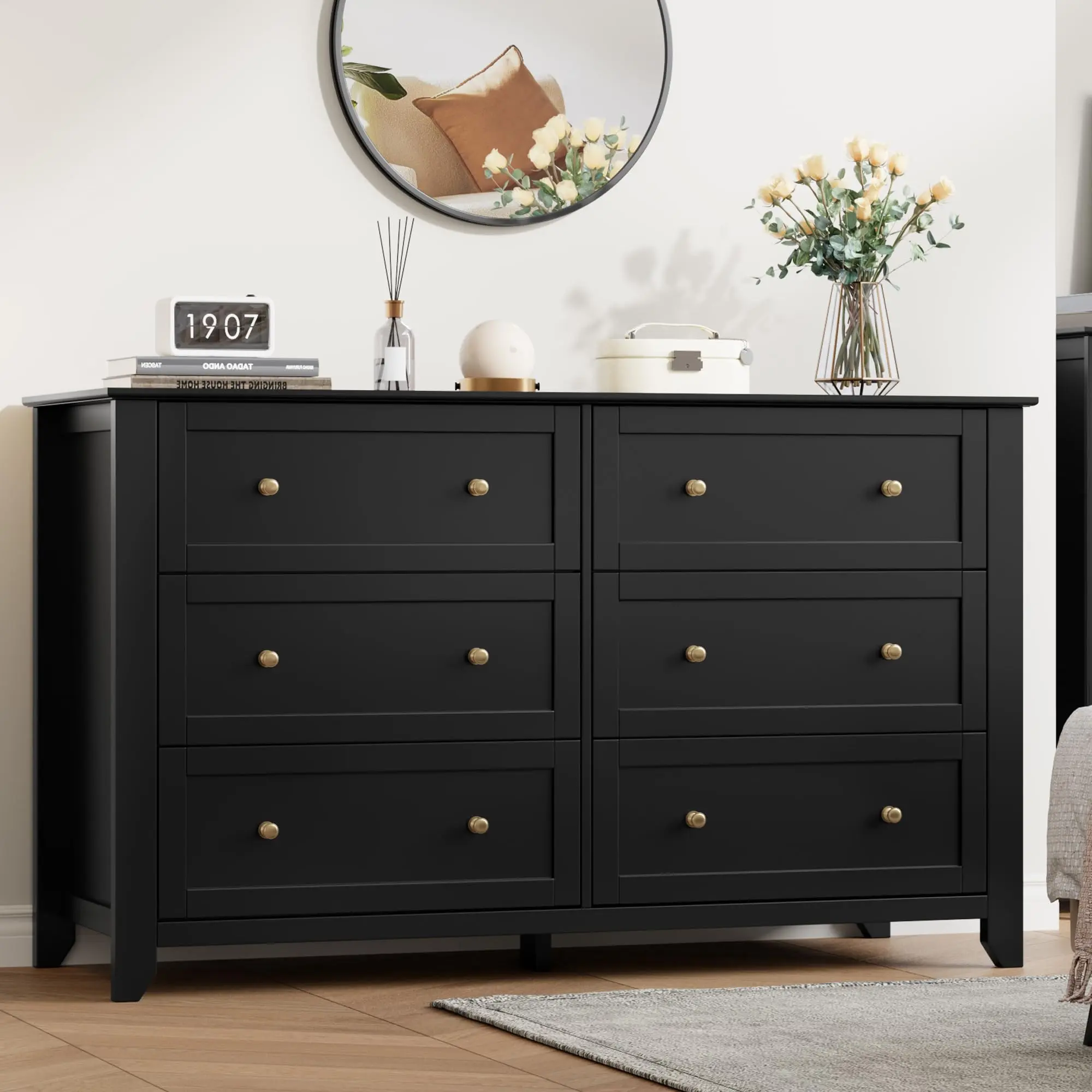 Modern 6 Drawer Dresser - 54" Wide Large Wooden Storage Cabinet - Deep Drawers, Metal Knobs - Organizer for Entryway, Hallway, Closet, Kids Room
