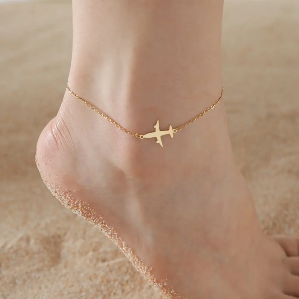 Ladies' Minimalist Gold Tiny Plane Pendant Anklet for Women - 21cm Main Chain, 5cm Extension, Adjustable Length, Lightweight Travel Charm Ankle Bracelet, Elegant Summer Costume Jewelry, Anklets For Women, Leather Pu