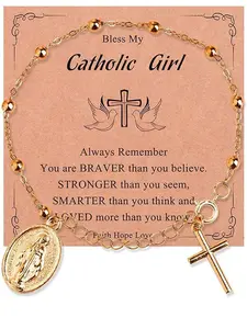 Women's Virgin Mary Rose Bead Bracelet, Vintage Cross Religious Wristband, Adjustable Minimalist Jesus Cross Chain, Christian Gift