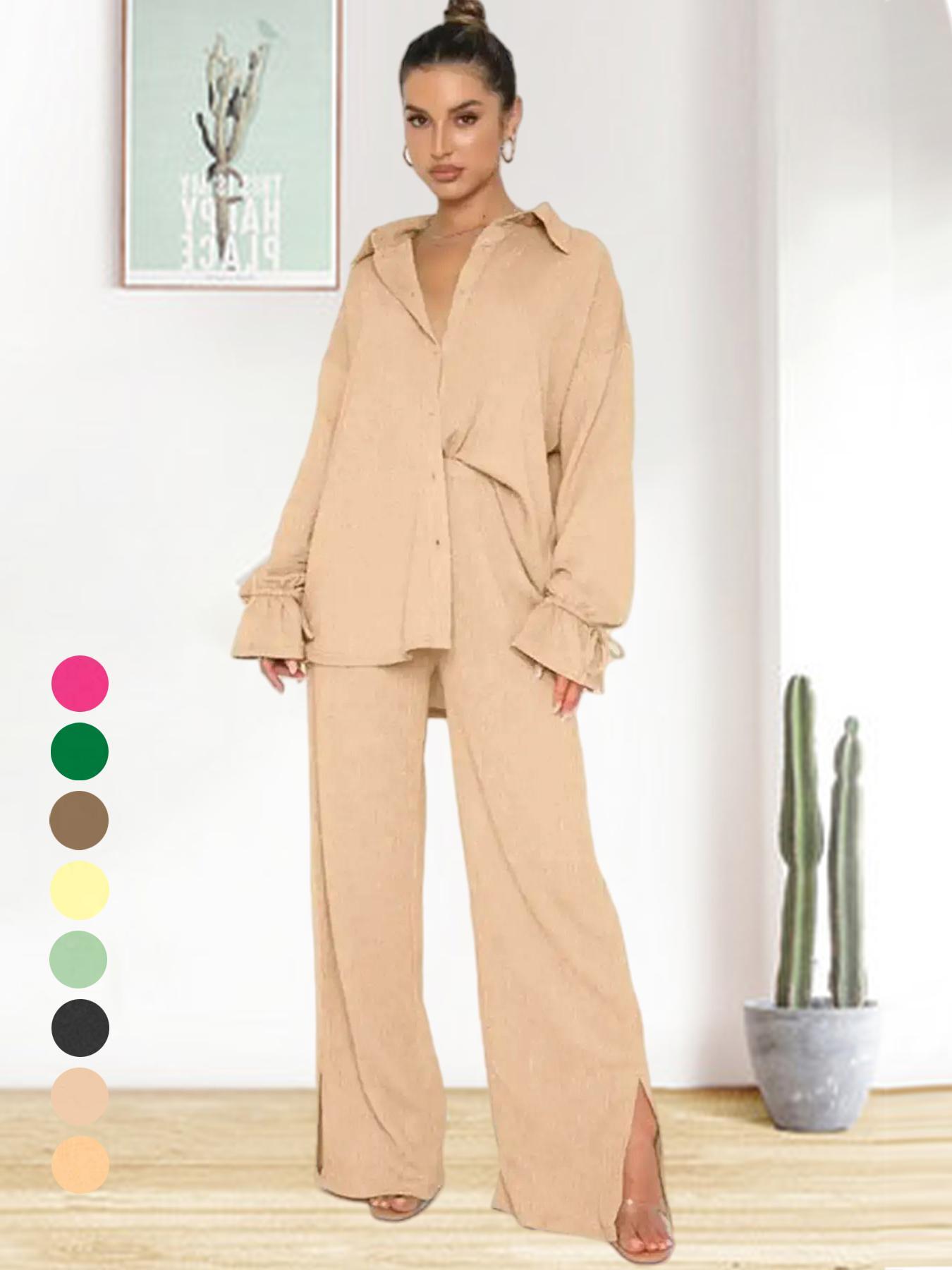 Women's Solid Color Button-Up Shirt with Split Pants Set Outfit, Casual Ruffle Sleeve Top and High Waist Wide Leg Trousers for Spring Summer Style