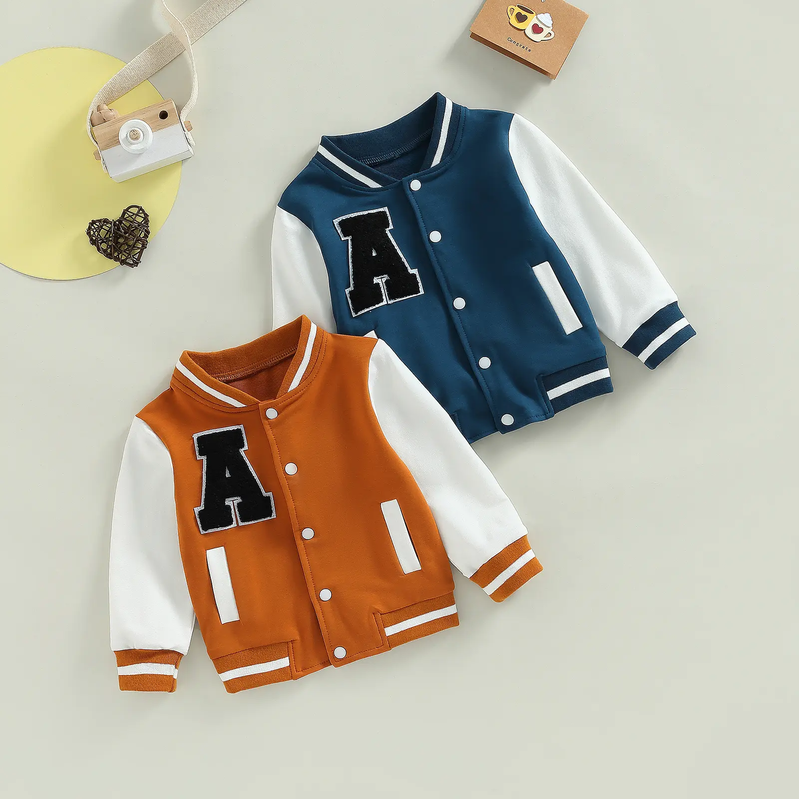 Meihuida Baby Boy Girl Varsity Jacket Contrast Color Baseball Jacket Outwear Long Sleeve Button Down Letterman Jacket Coat