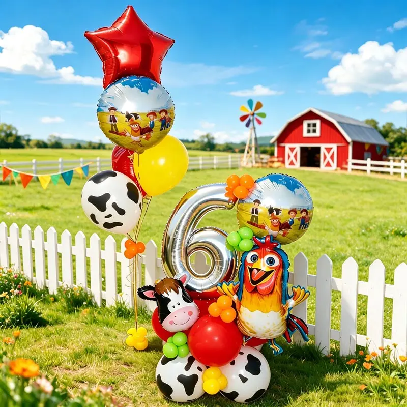 50-Piece Farm Theme Balloon Column Set, Silver Color Numbers, Cartoon Cow Head, Rooster Foil, Perfect for Farm/Ranch Birthday Party Decorations，Farm-based parent-child educational activities，rustic-themed party decoration，Farm Store Opening Decoration