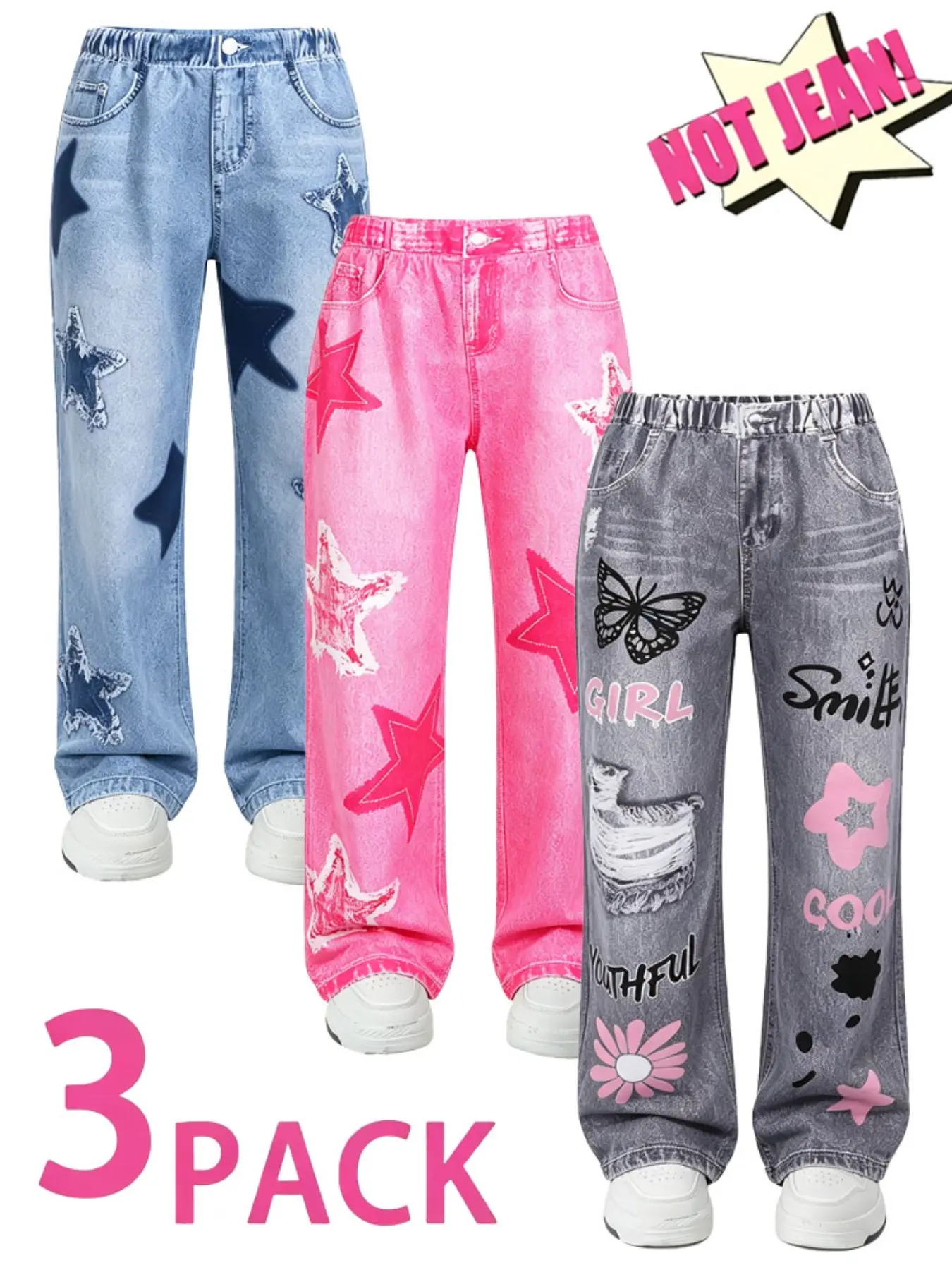 3-Pack Girls' Long Pants, Fashion Graffiti Star/cartoon Flower/butterfly Pattern, Loose-Fit Casual Trousers, Perfect for Outdoor Activities