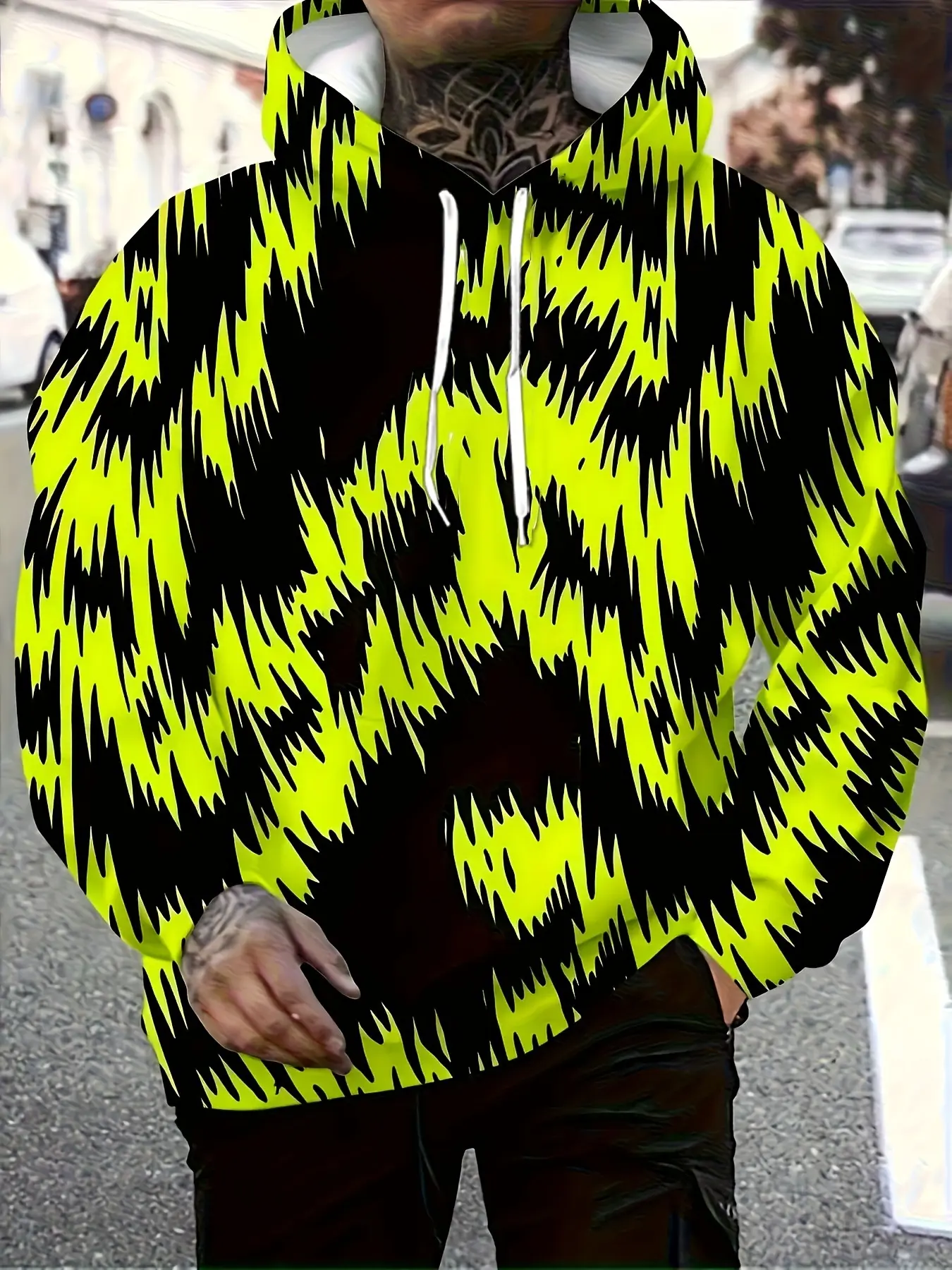 Men's neon green and black striped hooded sweatshirt - Lemon yellow and cyan digital print pullover, all-season casual hooded hoodie, machine washable, regular fit