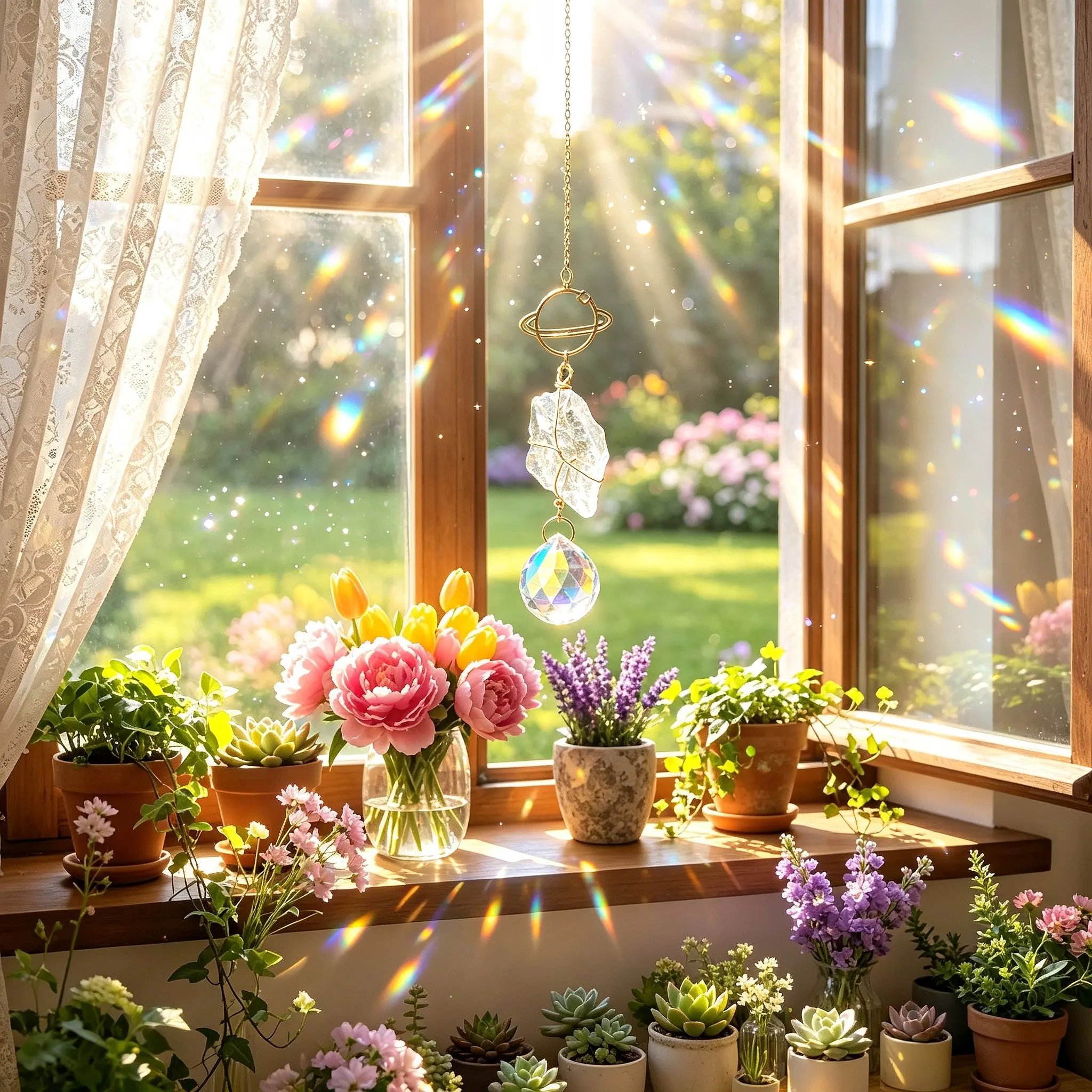 Natural Raw Crystal Sun Catcher Rainbow Prism Crystal Ball Window Hanging Ornament, Boho Aesthetic Room Home Balcony Car Rearview Mirror Decor, Cute Small Birthday Holiday Gift for Women Friends