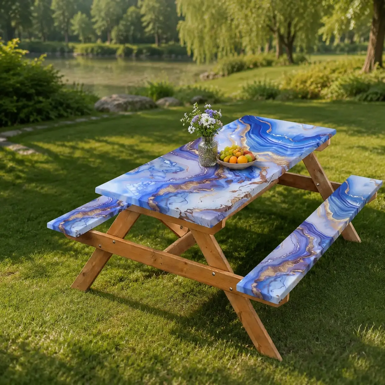 3 Pieces Picnic Table Bench Cover Set (1 Elastic Fitted Tablecloth + 2 Bench Covers), Waterproof Blue Beige Pink Fluid Gold Agate Marble Print Decorative Table Cover for Park, Camping, Lawn and Backyard Use