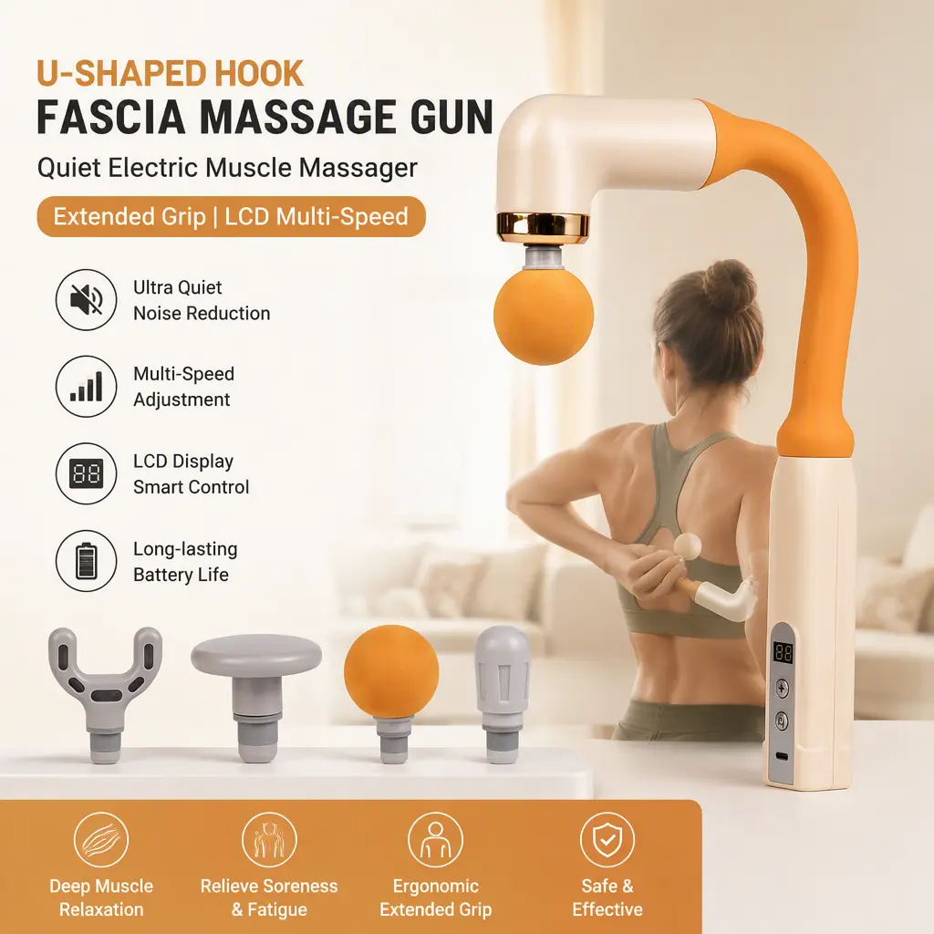Extended‑Length U‑Shaped Hook Massage Gun, Quiet Electric Fascia Massager, LCD Multi‑Speed Back‑Beating Tool for Workout Muscle Relief