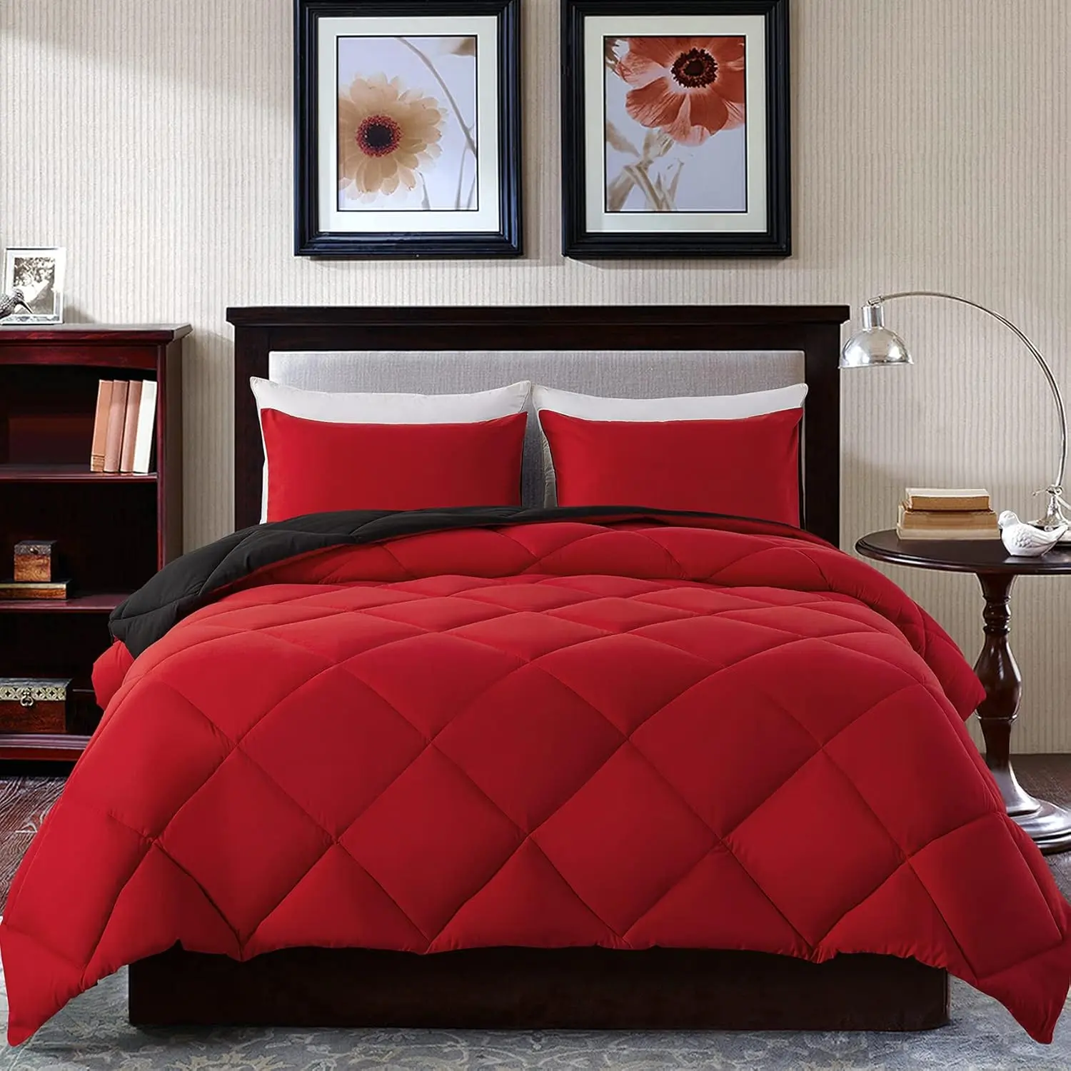 Queen Size Quilt Set - 3-Piece Lightweight Microfibre Quilted Down Alternative Comforter/Duvet Insert with 2 Pillow Shams, Breathable, Noiseless, Machine Washable, All-Season Use, Red/Black, Soft