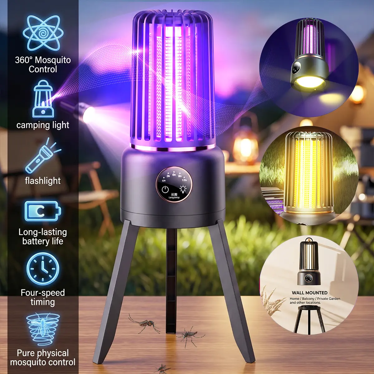 3-in-1 Rechargeable Bug Zapper, LED Mosquito Killer Lamp with Camping Lantern & Flashlight, USB-C Electric Insect Trap, 4 Timer Settings for Camping, Patio & Outdoor