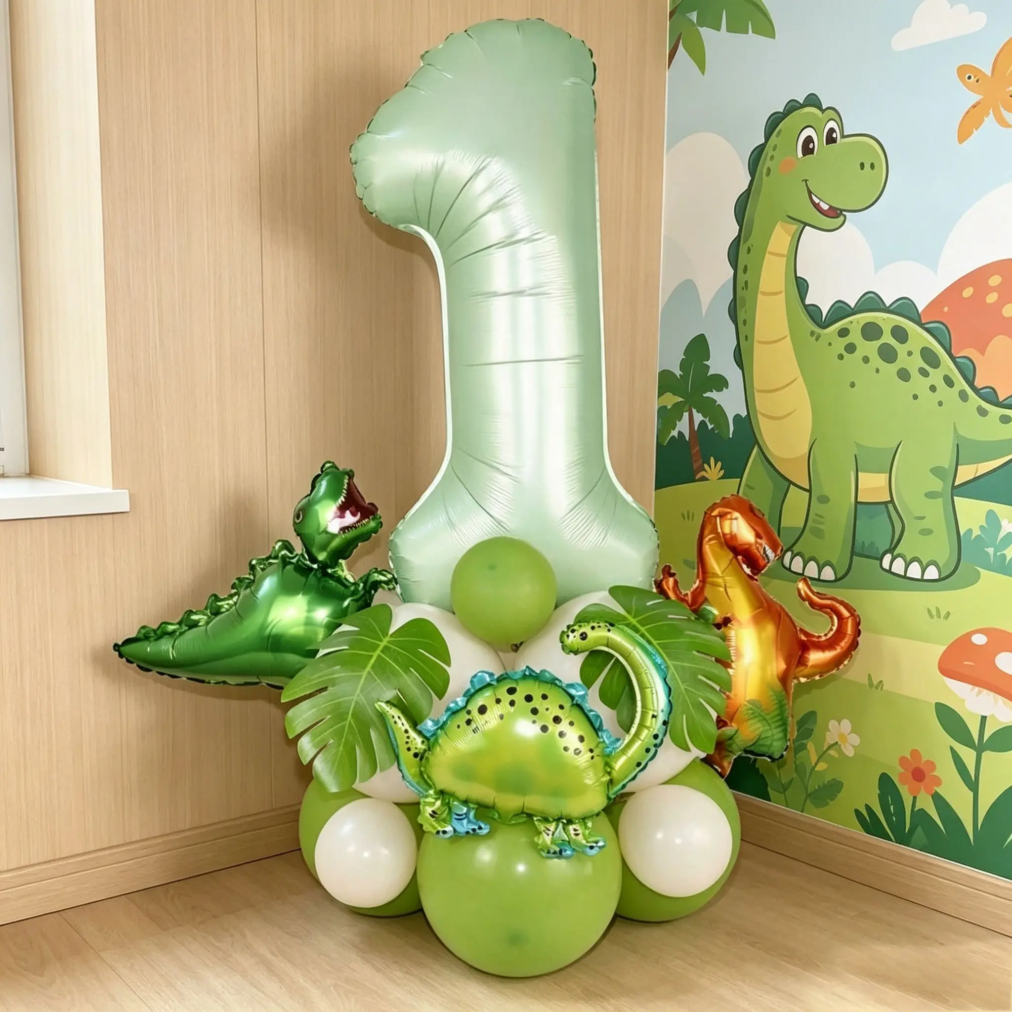 24pcs Dinosaur Series Number Column Balloons, Olive Aluminum Foil Set, Mini Dinosaurs, Balloon Animal Balloons, Latex & Long Balloons, Birthday Party Decorations