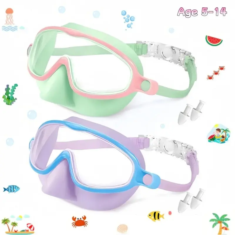 Kids' Snorkeling Mask with Nose Cover, Swim Goggles,  2-Pack Kids Swim Goggles with Nose Clip, Wide-Angle Anti-Fog UV Protection, Durable Lens, Suitable for Ages 5-14, Perfect for Swimming, Water Goggles, Pool Goggles, Swim Glasses, Swimming Accessories