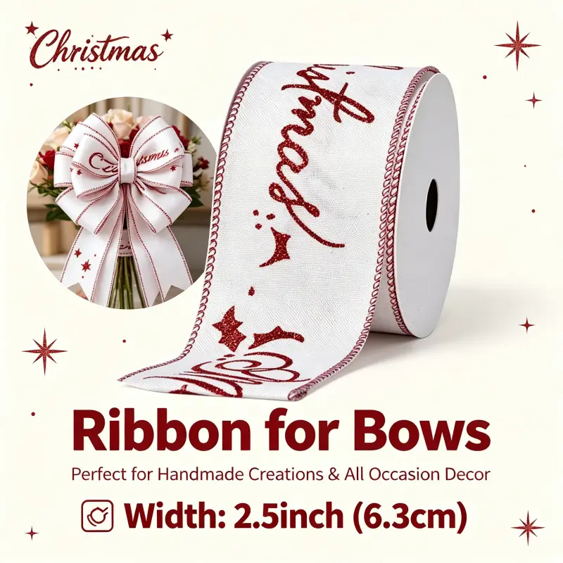 Christmas Must-Have Wired Ribbon, 2.5in x 10Y Red Glitter Holly Letter Ribbon for Xmas Tree, Wreath, Gift, Bouquet, Window Decoration DIY