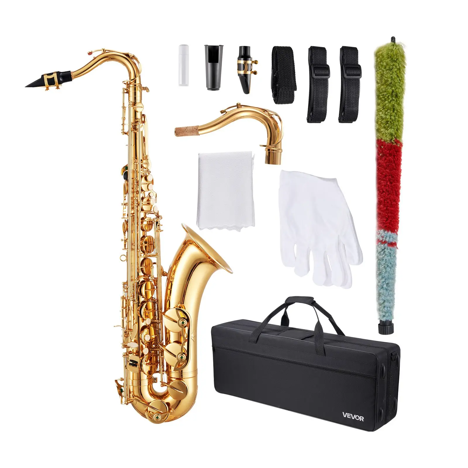 VEVOR B-Flat Tenor Saxophone Full Set, Professional Brass Curved Tube 23-Keys Gold Kit for Beginners, with Carrying Case, Mouthpiece, Neck Strap, Cleaning Cloth, Gloves