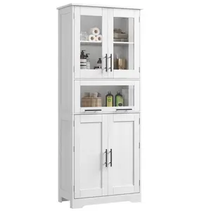 Modern Slim Freestanding Bathroom Cabinet - Glass Doors, 5 Adjustable Shelves, Drawer, Dampness-Resistant MDF, Vintage Storage Organizer for Bathroom, Kitchen, Pantry, Hallway, Living Room