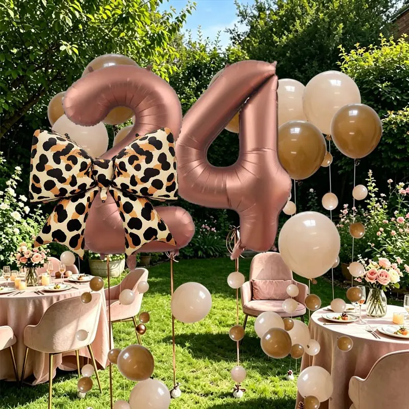 57-Piece Retro Leopard-Print Bow Birthday Balloon Set, 32-Inch Chocolate Numeric Foil Balloon, & Skin Tone Latex Balloons, Birthday Party Decorations