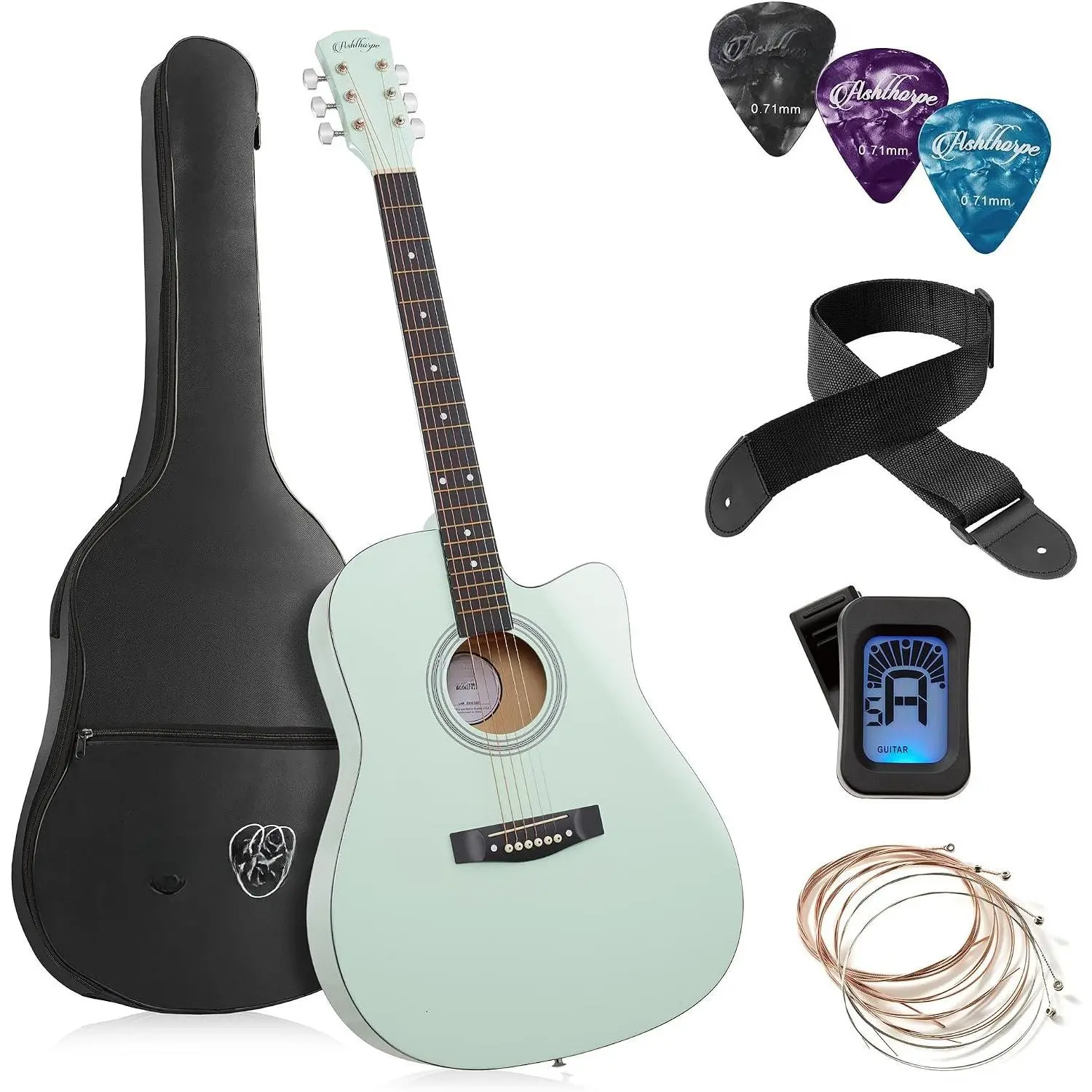 41-inch Beginner Cutaway Acoustic Guitar Package (Mint Green), Full Size  Starter Kit w/Gig Bag, Strings, Strap, Tuner, Picks