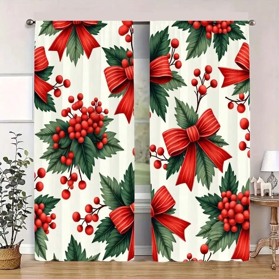 2-Piece Christmas Window Curtain Set, Bow Holly Pattern, Light Filtering, Privacy Protection, Semi-Transparent Rod Pocket Design