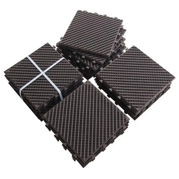 Linsy 36 Pcs Interlocking Deck Tiles, 12.25 x 12.25 x 0.75 in Plastic Outdoor Flooring, Dark Brown Striped Square Decking Tiles with 4-Slat Drainage, Click-Together No-Tools Layout, Cuttable for Patio Balcony Porch Backyard Poolside
