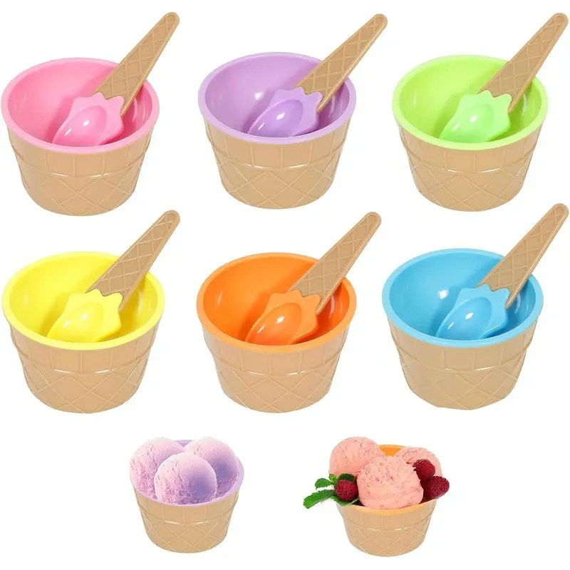 6-Pack Reusable Plastic Ice Cream Bowls with Matching Spoons, Colorful 8 oz Sundae Cups for Frozen Yogurt, Gelato, Birthdays and Summer Parties