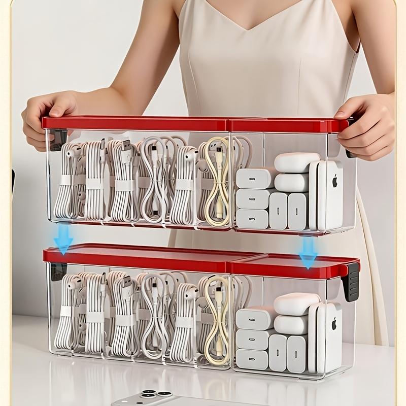 New Data Cable Storage Box, Desktop Charger Mobile Phone Power Cord Organizer, Multi-Compartment with Lid Dustproof Cable Organizer