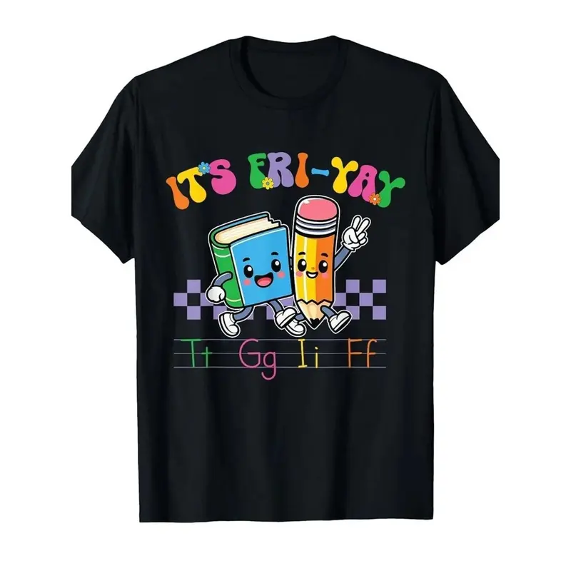 Humorous TGIF Teacher And Friyay Educator T-Shirt with Cheerful Books And Pencils, Featuring a Vibrant Friday Design.A Unisex Gift for Teachers, Perfect for School Spirit, Casual Wear, And Stylish Outings