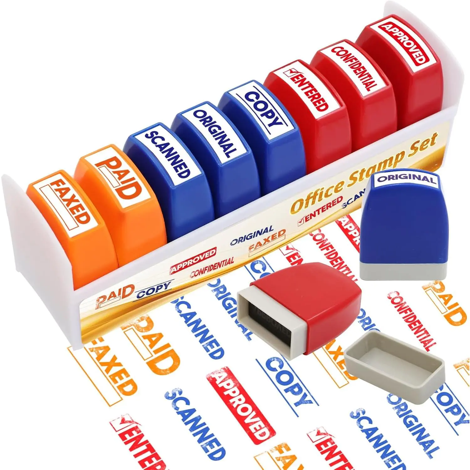 Self-Inking Stamp Set (8 Different Stamps, Paid, Bright Ink Colors, Text Phrases, Copy) - Business Messages: Approved, Completed, Scanned, Faxed - With Storage Tray, Supplies for Coworkers, Office Supplies, 8 Different Office Stamps