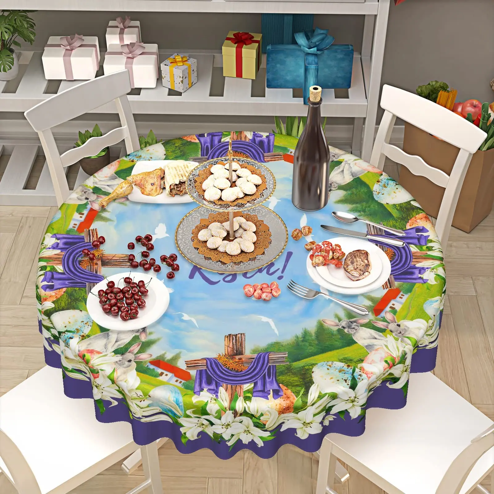 Easter Tablecloth Round 60 Inches, Jesus Christ Tablecloth for Easter Cross Decoration, Farmhouse Party Dinner Indoor Outdoor, Cross