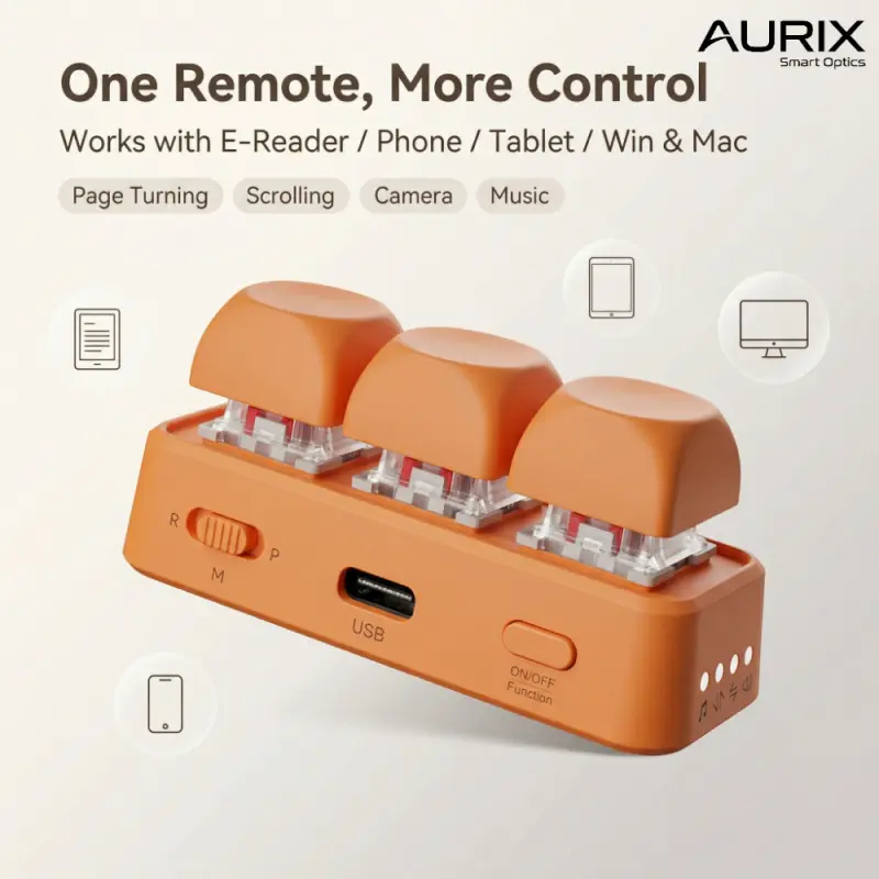 Free3 Rechargeable Wireless Bluetooth Remote Control, 3-Key Page Turner for Kindle, Phone, Tablet & Win/Mac, Remote Scrolling, Camera, Music Control, Bluetooth 5.4, Hot-Swappable RGB Backlit