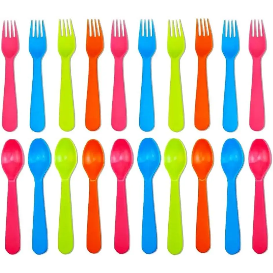 20 Pcs Kids Plastic Forks and Spoons Set, Reusable Toddler Silverware Cutlery Set with Bright Colors Ideal for School Lunch Box or Travel, Size also for Adults, BPA Free(Gift)
