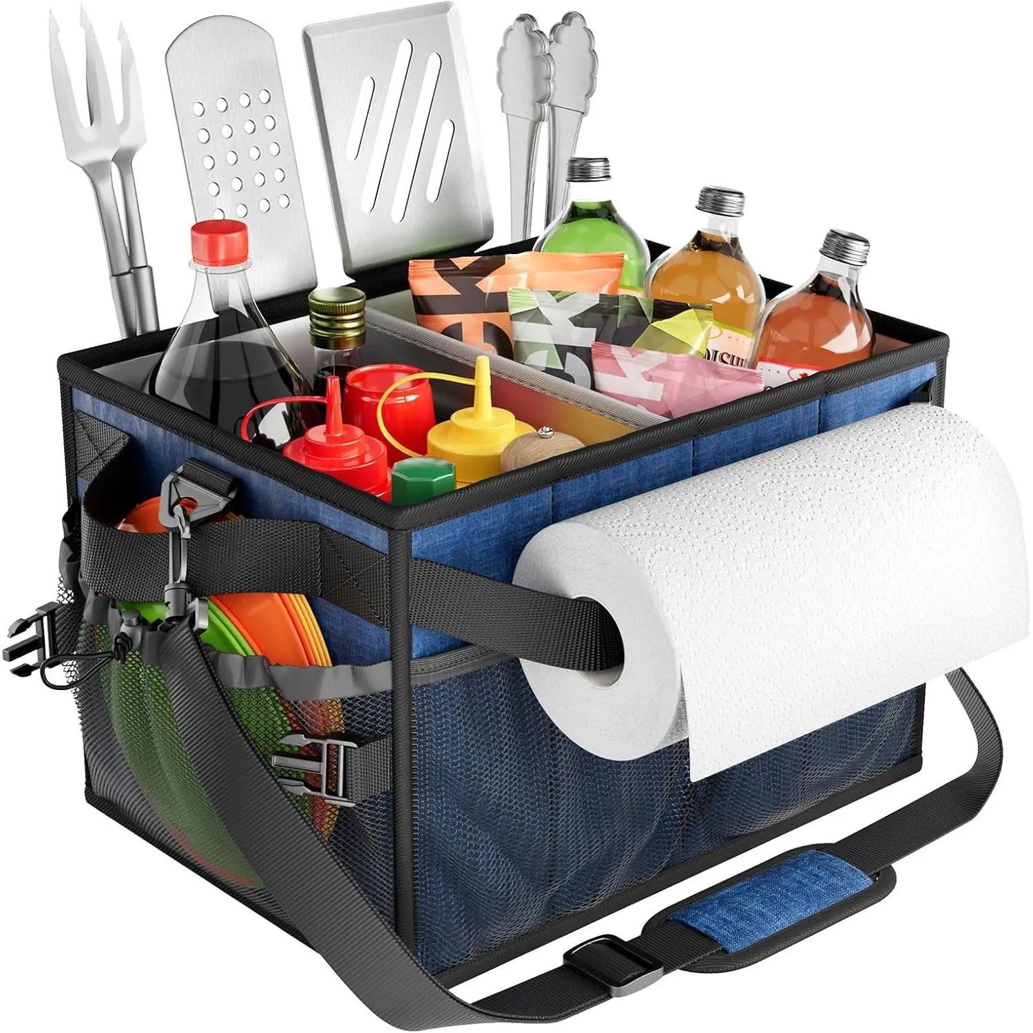 Large Grill and Picnic Caddy with Paper Towel Holder, BBQ Organizer for Utensils, Plates, Condiments, Collapsible & Easy-Carry Griddle Caddy, Must-Haves for Outdoor, Camper, Travel, Car, RVGift