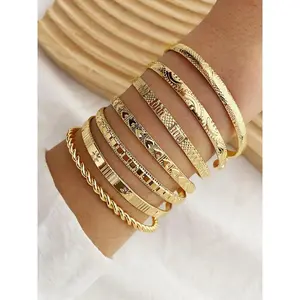 Women's 7-Piece Bangle Bracelet Set, Stackable Alloy Cuff Bangles with Geometric Heart & Twist Designs, Elegant Daily Jewelry Gift, Bangles Bracelets Set, Exquisite Bracelet