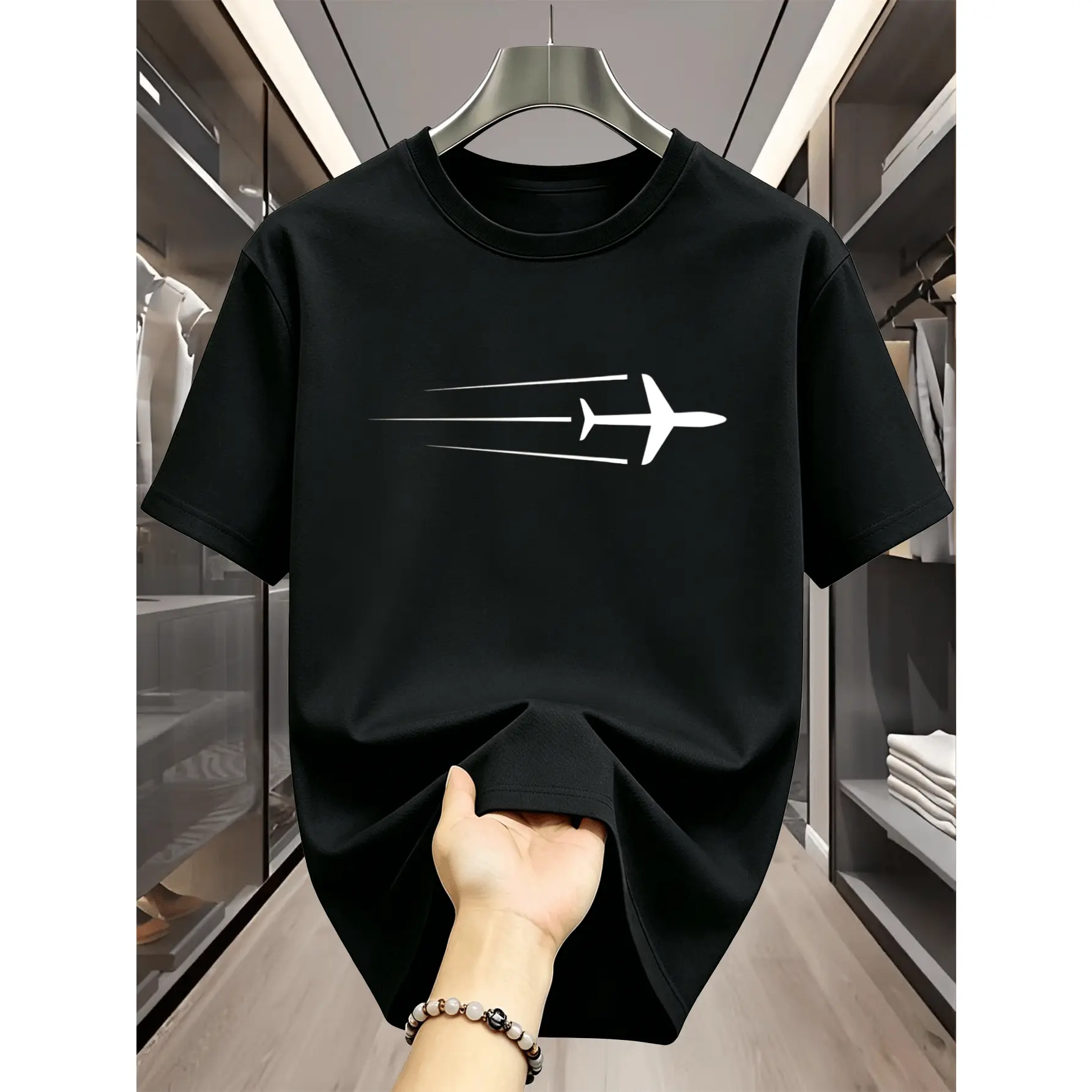 Men's Airplane Graphic T-Shirt - 100% Heavyweight Cotton Crew Neck, Loose-Fitting Streetwear Tops for Travel, Anti-Pilling, Short-Sleeve, Minimalist Clean Print, Crisp White Graphic, Machine Washable Menswear