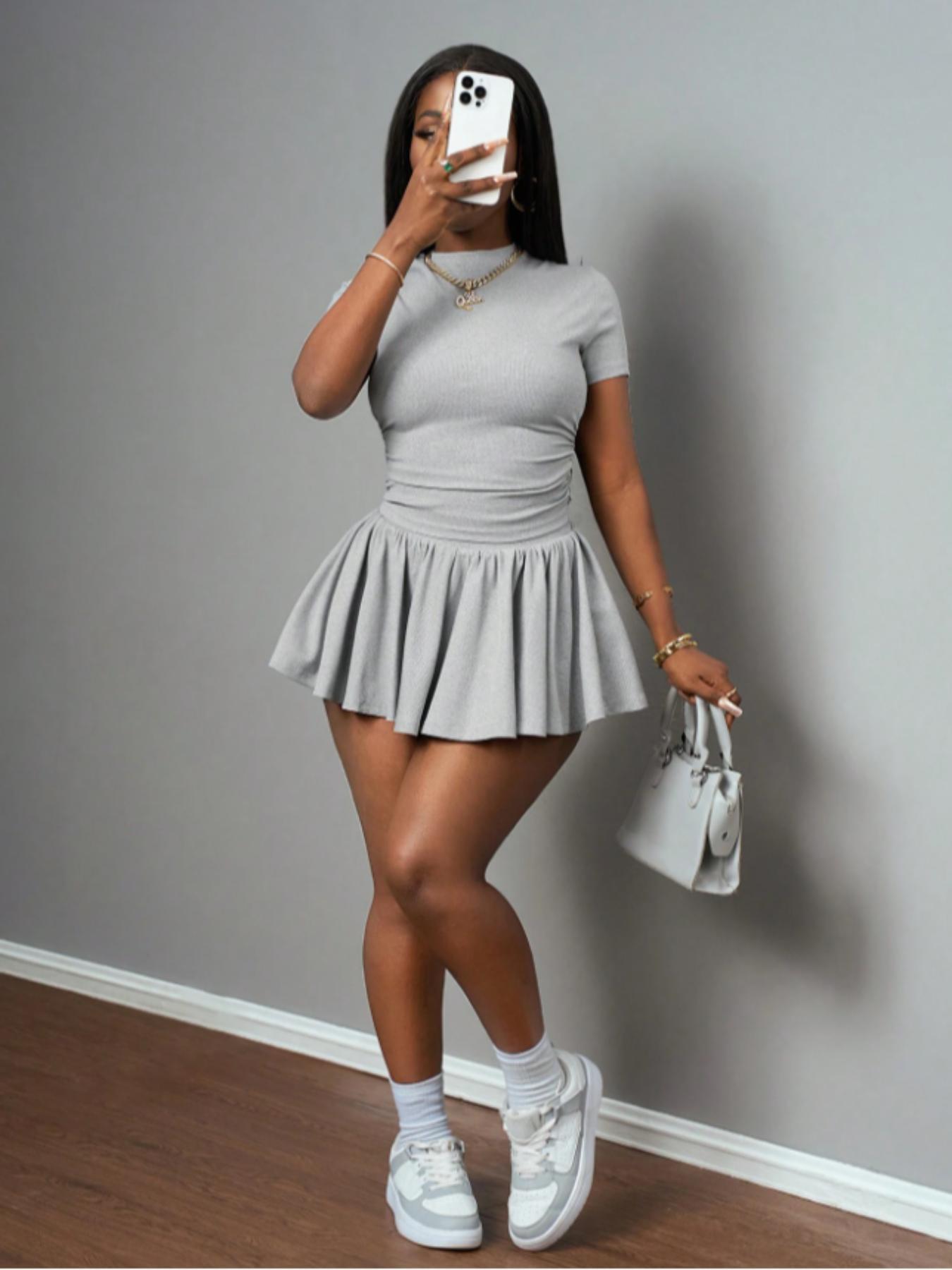 Two-piece Set Women's Solid Color Knit Tee & Skort, Casual Short Sleeve T-shirt & Skort for Daily Wear, Ladies Clothes for Spring & Summer, Cute Summer Outfit