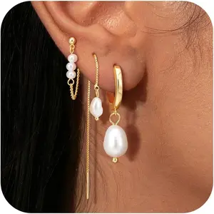 Pearl Earrings Set for Women Trendy Dainty Pearl Dangle Hoop Earrings Mismatched Threader & Stud Earrings Stack 14K Gold Plated Jewelry Multiple Piercings