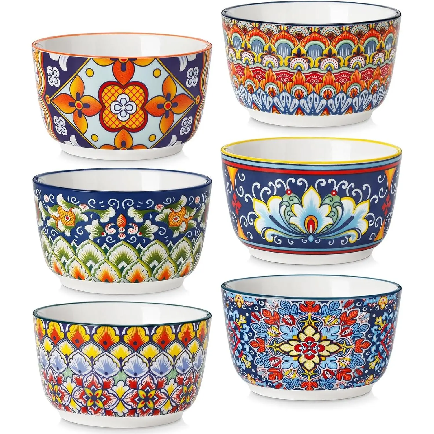 vancasso 8oz Ramekins Oven Safe Set of 6 - Bohemian Tableware Dinnerware, Colorful Serving Dessert Cups for Creme Brulee, Souffle, Pudding, Custard Baking, Small Ceramic Snack Bowls, Beautiful Desserts