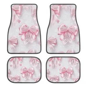 Set of 4 Elegant Pink Bow Car Floor Mats | Non-Slip Polyester Fiber Carpets for Front and Rear, Decorative Auto Foot Floor Rugs, Universal Fit for Car, SUV, Truck, Van, Girly Car Accessories