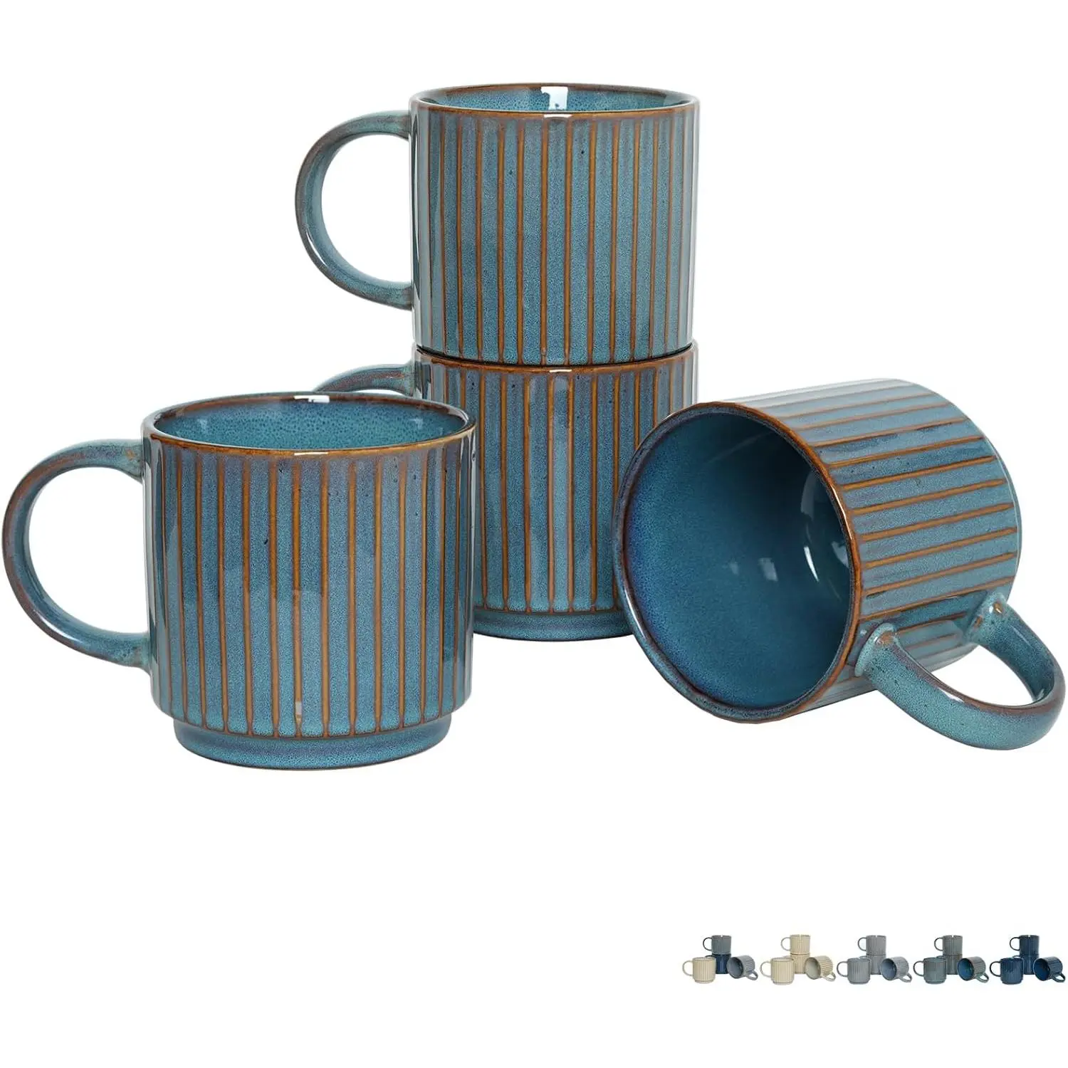Stackable Ceramic Coffee Mug Set of 4, 16 Oz, Coffee Cups, Microwave Safe,  Reactive  (Teal, 16 Oz)