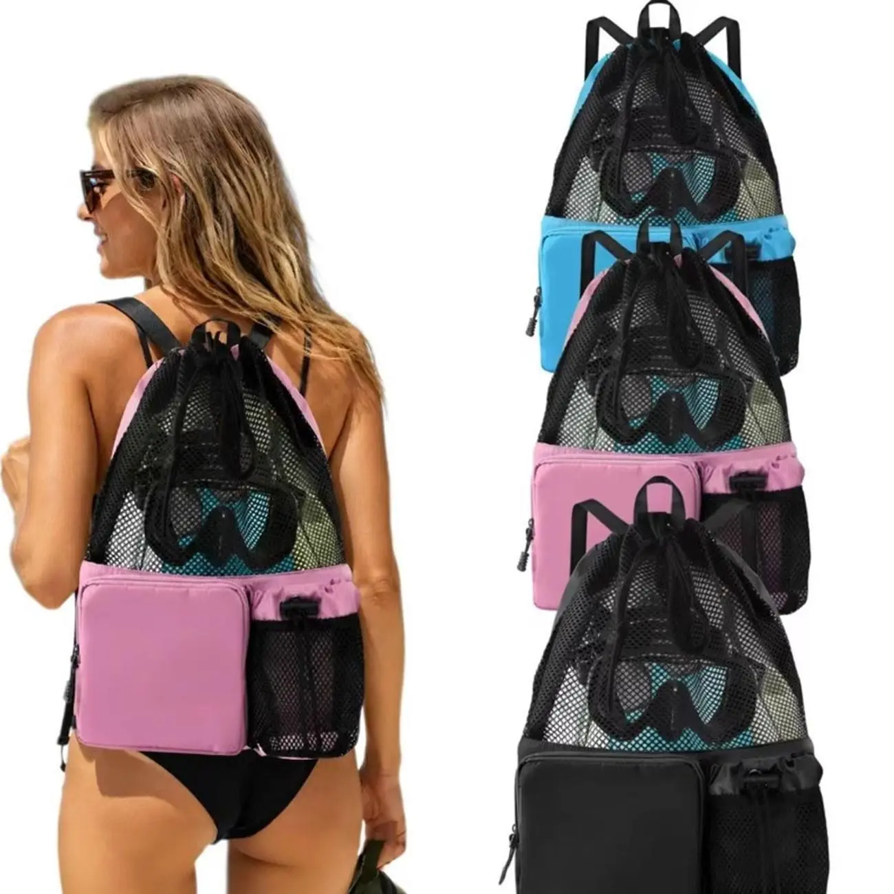 Multi-pocket waterproof mesh drawstring backpack, large-capacity breathable portable storage bag, Gym Bag, capable of storing equipment related to swimming, fitness, beach trips, and outdoor activities.