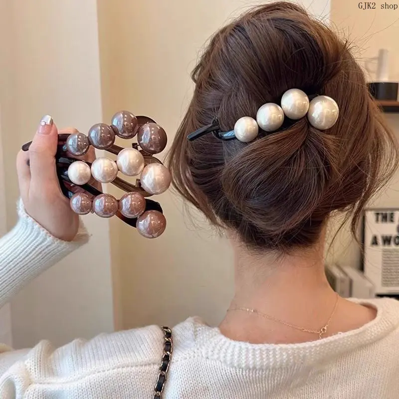 4 Colors Large Pearl Banana Hair Clips, Elegant Non Slip Beaded Hair Barrette, Vintage Smooth Pearl Twist Hair Clips for Women Thick Long Hair Updo Hairstyle
