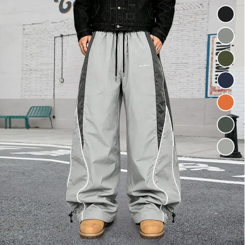 Men's High Street Side Black Panel White Wavy Piping Wide Leg Windbreaker Pants, Dual Drawstring Waist & Ankle Convertible Jogger Floor-Length Trousers, Lightweight Windproof Water Resistant Quick Dry Draped Loose Straight Small Embroidered Cargo Pants Fo