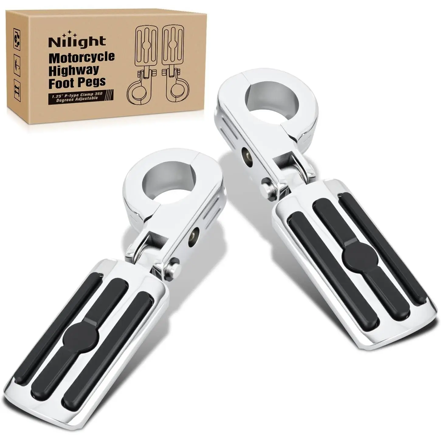 Nilight 1.25 Inch Motorcycle Highway Pegs, Adjustable 360° Angled Foldable P-Clamp Motorcycle Parts, Grip Control for 1.25 Inch Engine Guard Crash Bars, Highway Riding Fit for Harley Davidson Trike, Footrest Motorcycle