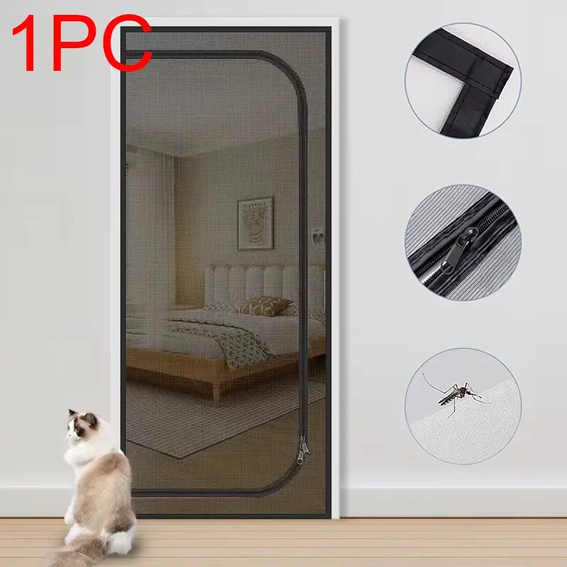 1pc Summer Zipper U-Shape Door Curtain, Home Use Mesh Door Divider, Insect Protection, Cat Proof Design, No Drilling Installation, Easy Setup