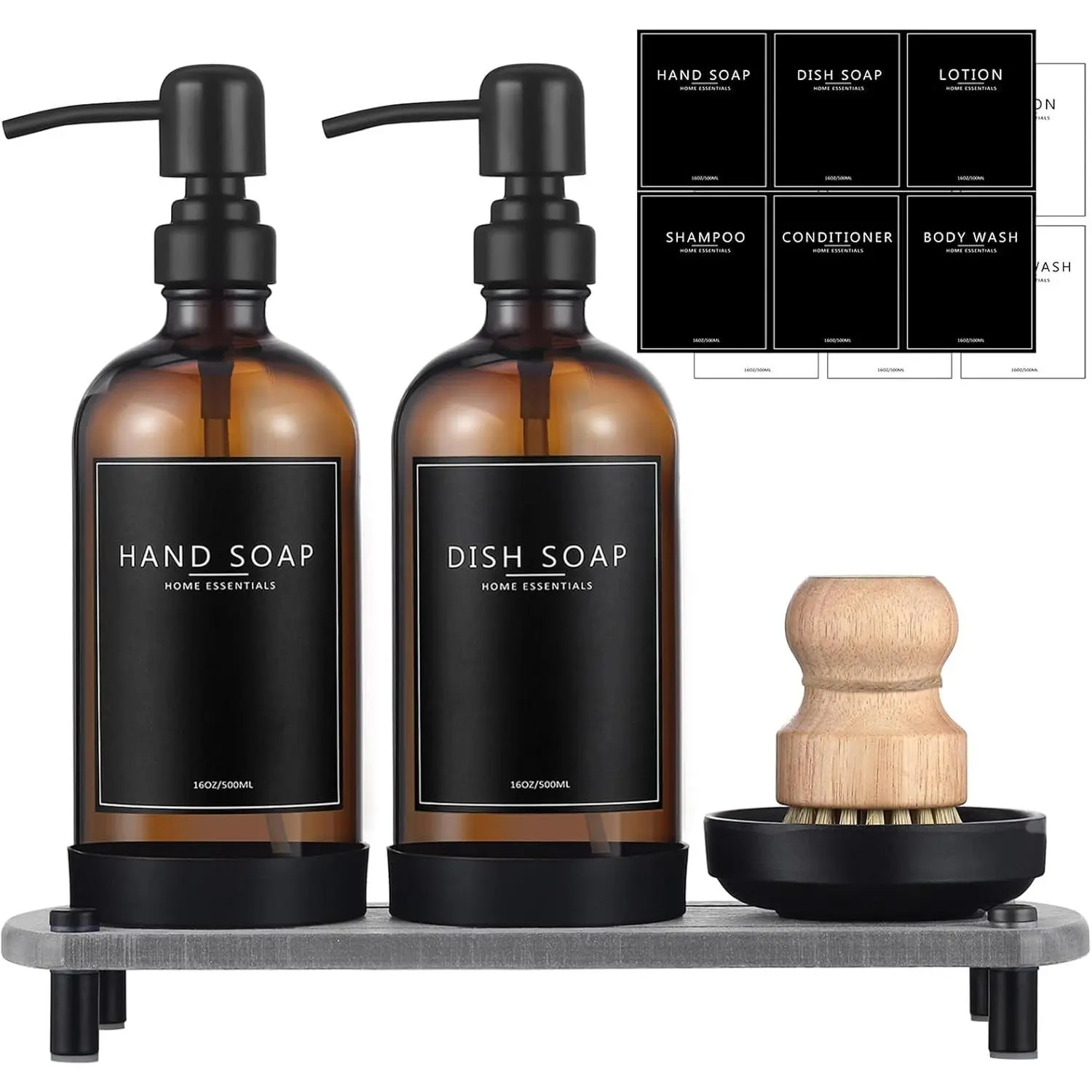 Soap Dispenser Set with Dry Tray,16 Oz Hand and Dish Soap Amber Dispenser Set,Stainless Pump,Waterproof Labels&Dish Brush,Luxury Soap Bottle for,