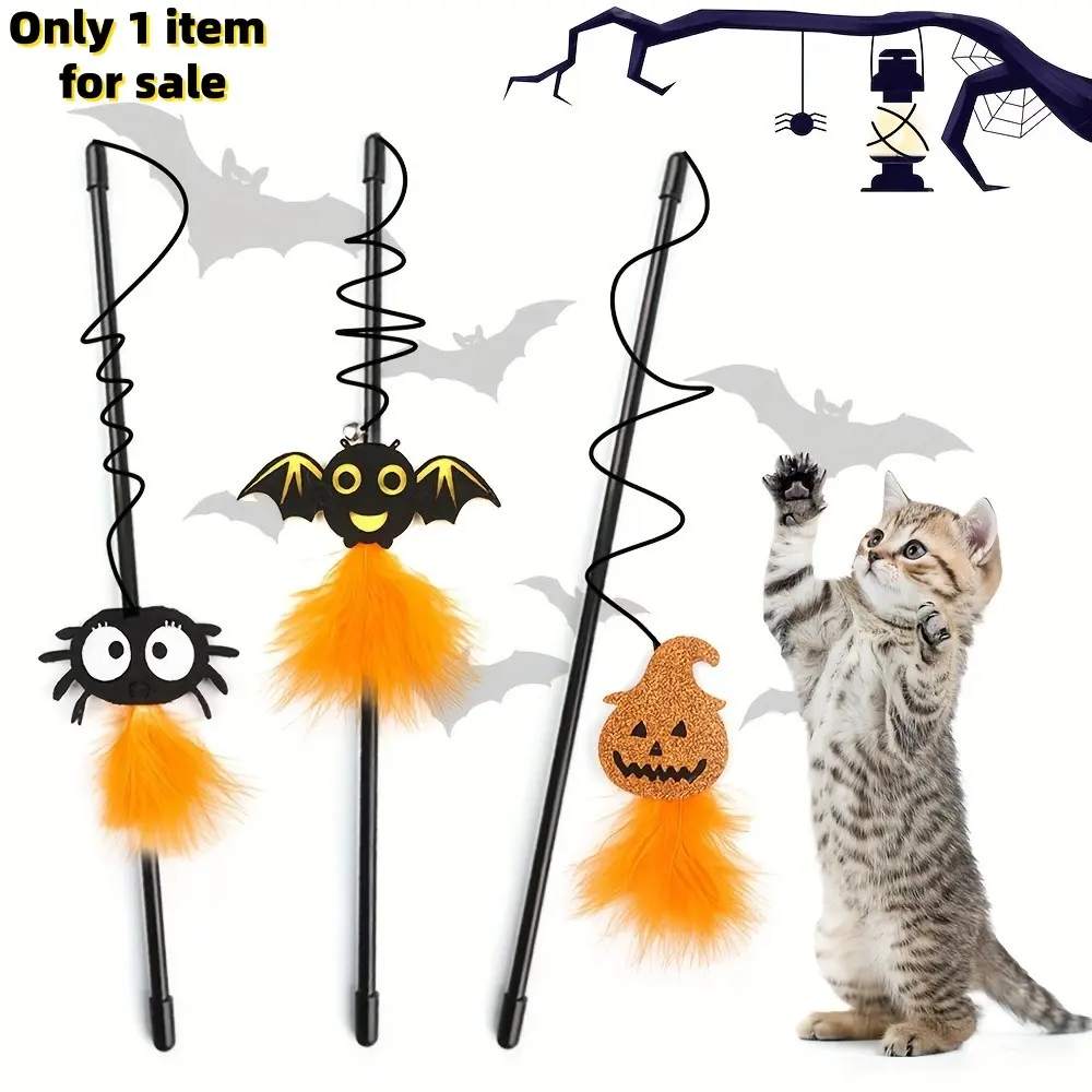 Halloween Cat Toy Wand, Pumpkin Bat Spider Design, Interactive Cat Play Toy, Made of Plastic Rod, Elastic Rope, Artificial Feathers, Interactive Kitten Wand