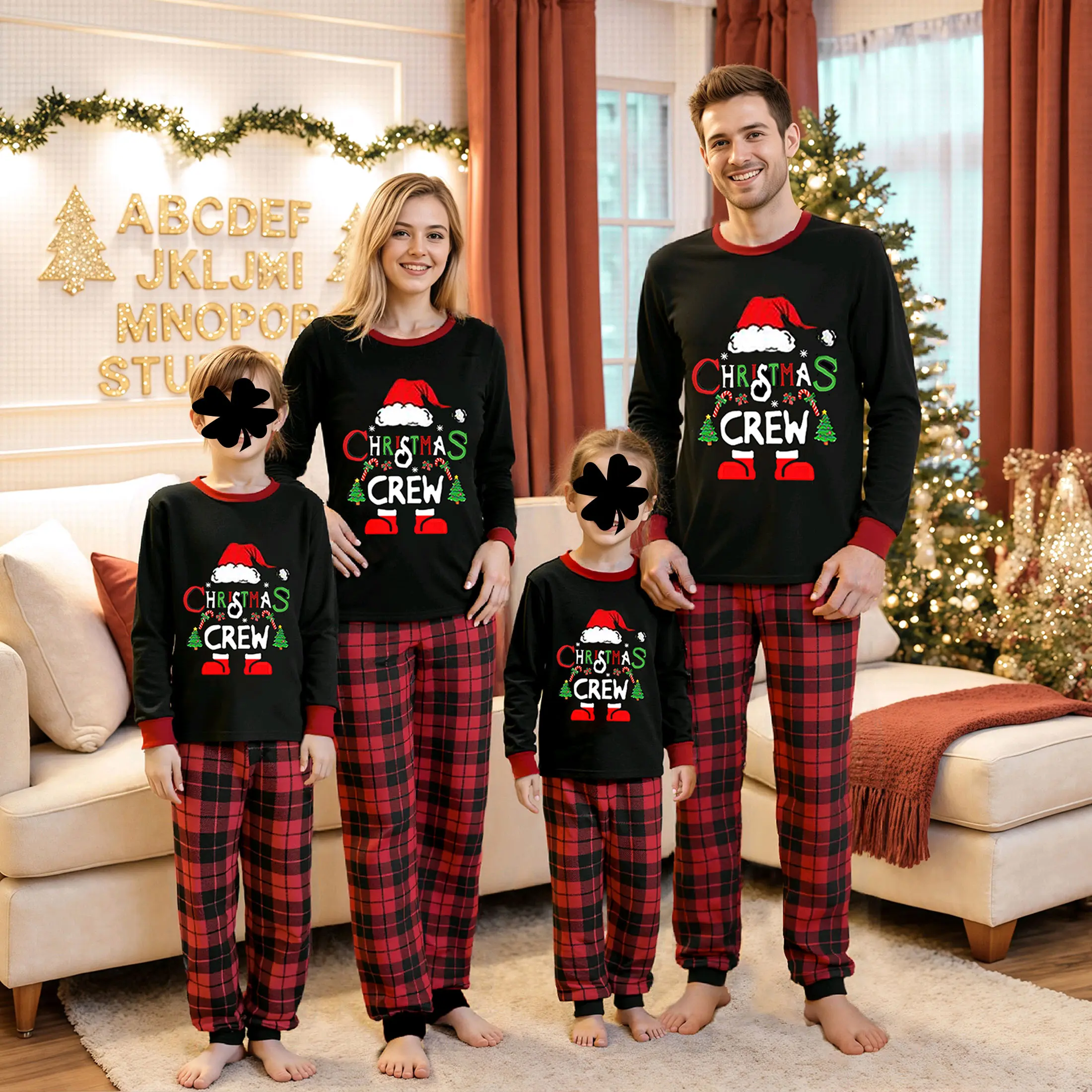 Matching Family Cotton Blend Christmas Pajama Sets - Santa Crew Print Long-Sleeve Tops, Red Buffalo Plaid Pants, Soft Holiday Sleepwear (Baby & Maternity Gift Set), Crewneck Sweatshirt