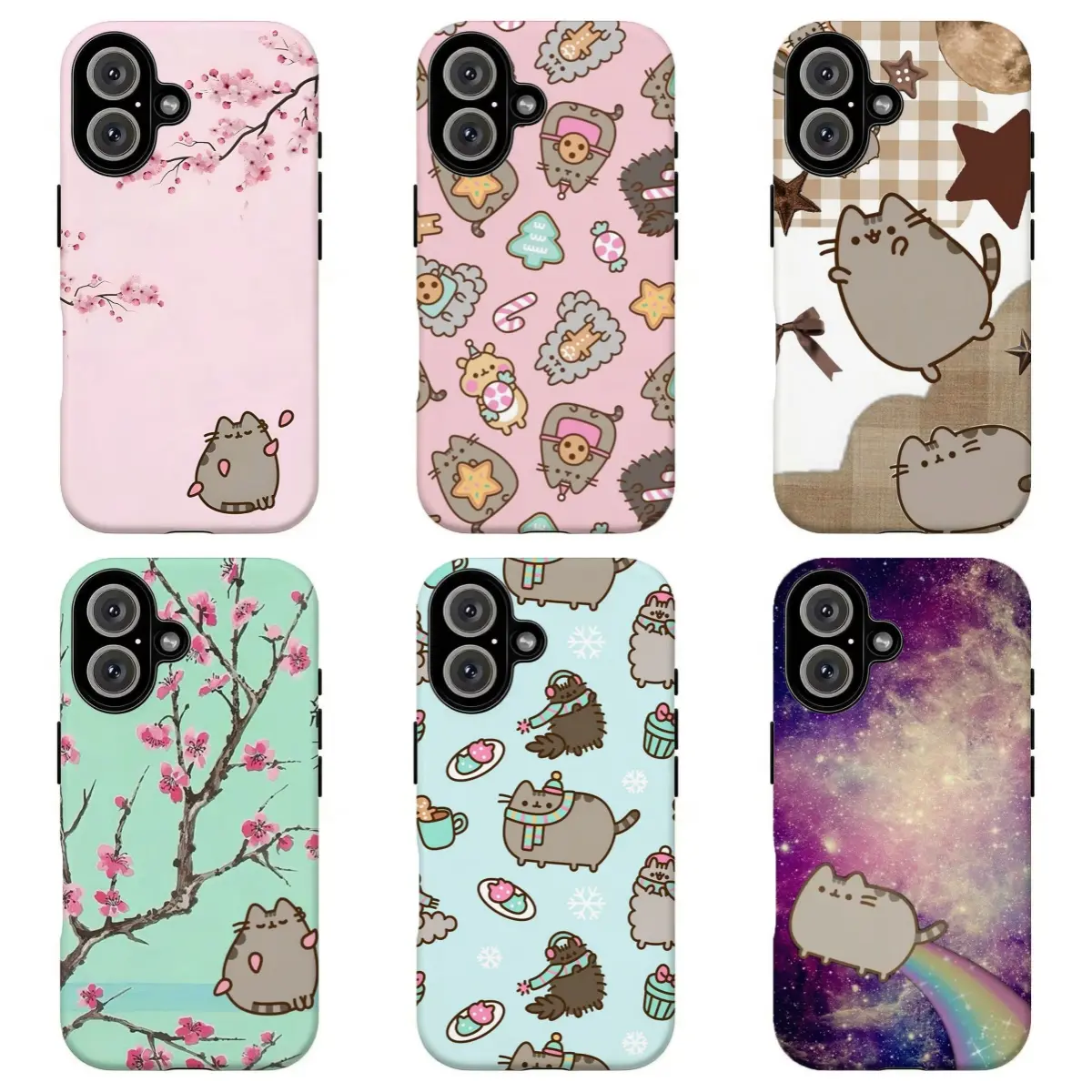 Durable TPU Resistance Customized Cute Kawaii Fat Cat Smartphone Case, Cute Accessories - Sakura Dessert Galaxy Design, Sweet Pastel Girly Handheld Shell, Fit for iPhone 17 Pro Max 16-13 12-7 Plus/Samsung S26 Ultra S25-21, Holiday Gift for Her
