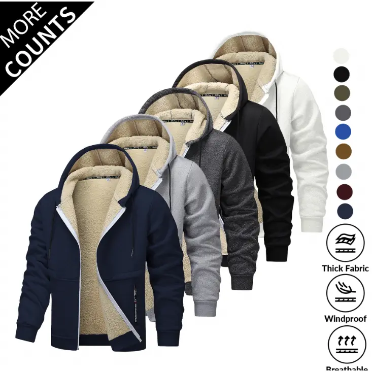 Men's Thick Loose Sherpa-Lined Hooded Fleece Jacket, Full-Zipper Top, Warm Windproof Fabric for Outdoor Hiking, Delivers Enhanced Warmth (Menswear Outerwear)
